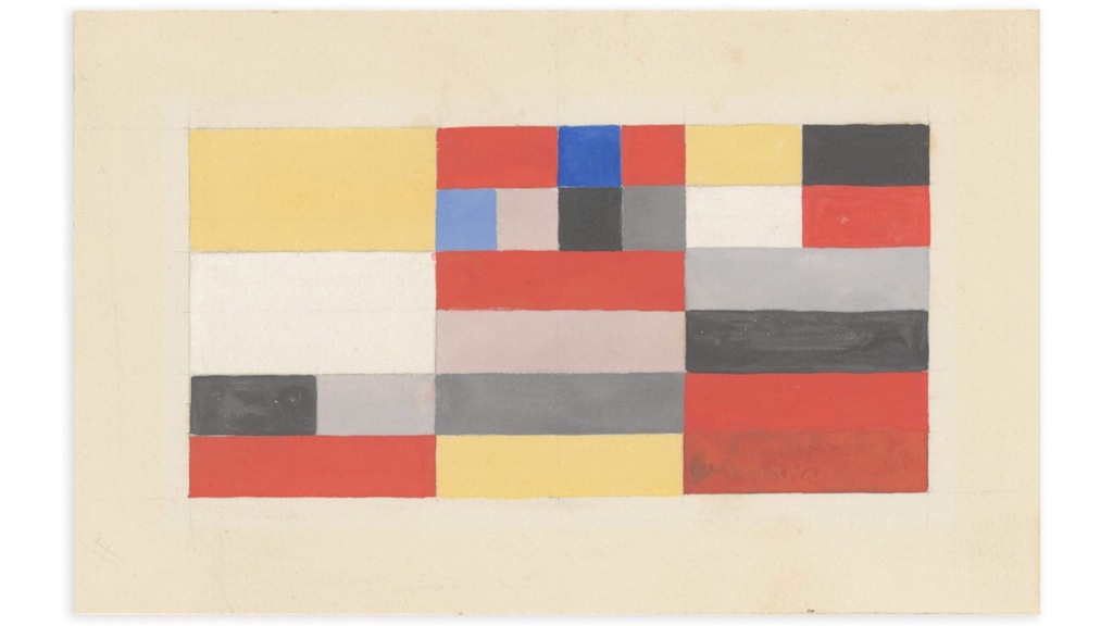 Composizione astratta e geometrica con rettangolo suddiviso in blocchi verticali di colore (giallo, rosso, blu, grigio, bianco, nero) su sfondo crema. 