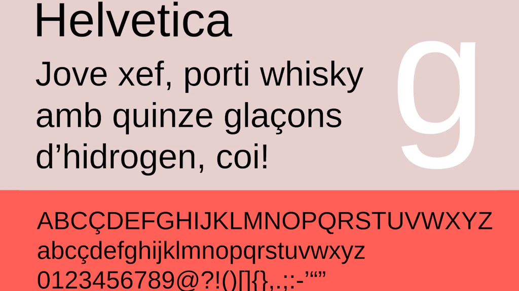 Esempio del font Helvetica con alfabeto, numeri e simboli. Testo in catalano su sfondo beige e rosso con grande lettera «g» bianca a destra.