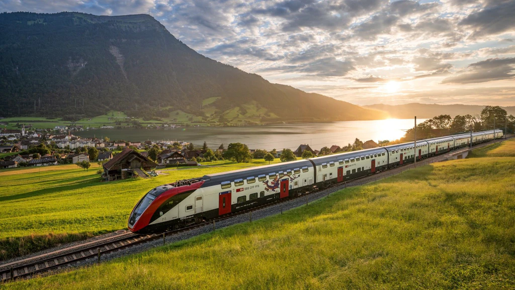 Un moderno treno delle FFS attraversa un paesaggio svizzero. 