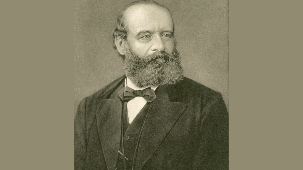 Ritratto al busto di Alfred Escher (1819–1882) in abito scuro con papillon e gilet, volto rivolto lateralmente a destra, su sfondo uniforme seppia.