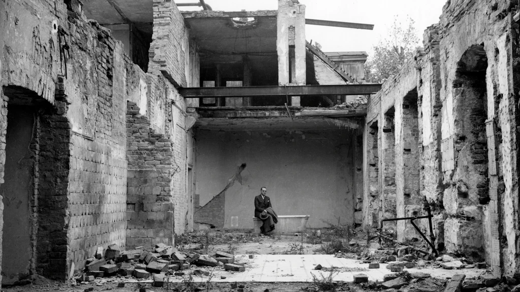 Foto in bianco e nero di un uomo in abito seduto su una vasca da bagno in un edificio in rovina, con pareti di mattoni danneggiate e detriti sul pavimento.