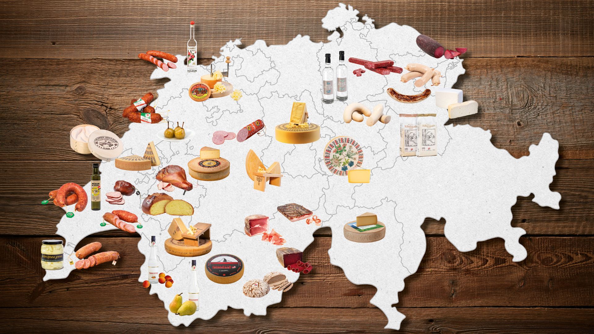 Mappa della Svizzera con prodotti DOP e IGP regionali, illustrata con immagini di formaggi, carni, bevande e specialità locali.