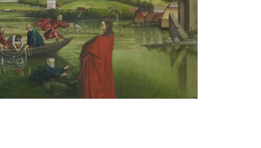 Scena religiosa con Gesù in abito rosso sulla riva di un lago, pescatori in barca e paesaggio collinare e verde sullo sfondo.