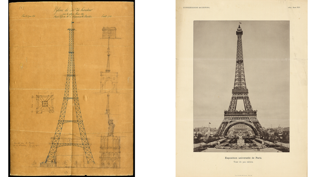 Composizione con a sinistra un disegno tecnico della Torre Eiffel e a destra una foto storica della torre completata per l’Esposizione universale di Parigi.