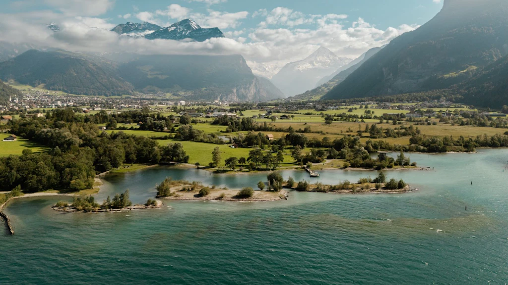 Un corpo d'acqua con alberi e montagne sullo sfondo a Uri, in Svizzera.