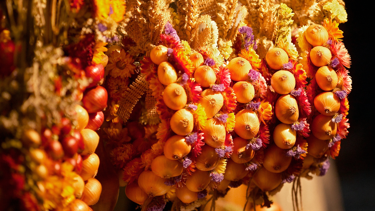 Ghirlande decorative di cipolle e fiori secchi colorati, appese in un'illuminazione calda.