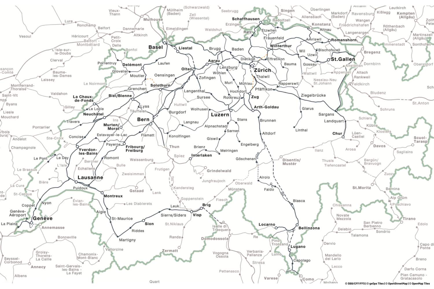Mappa ferroviaria della Svizzera con le principali linee e città, tra cui Ginevra, Losanna, Berna, Zurigo e Basilea.