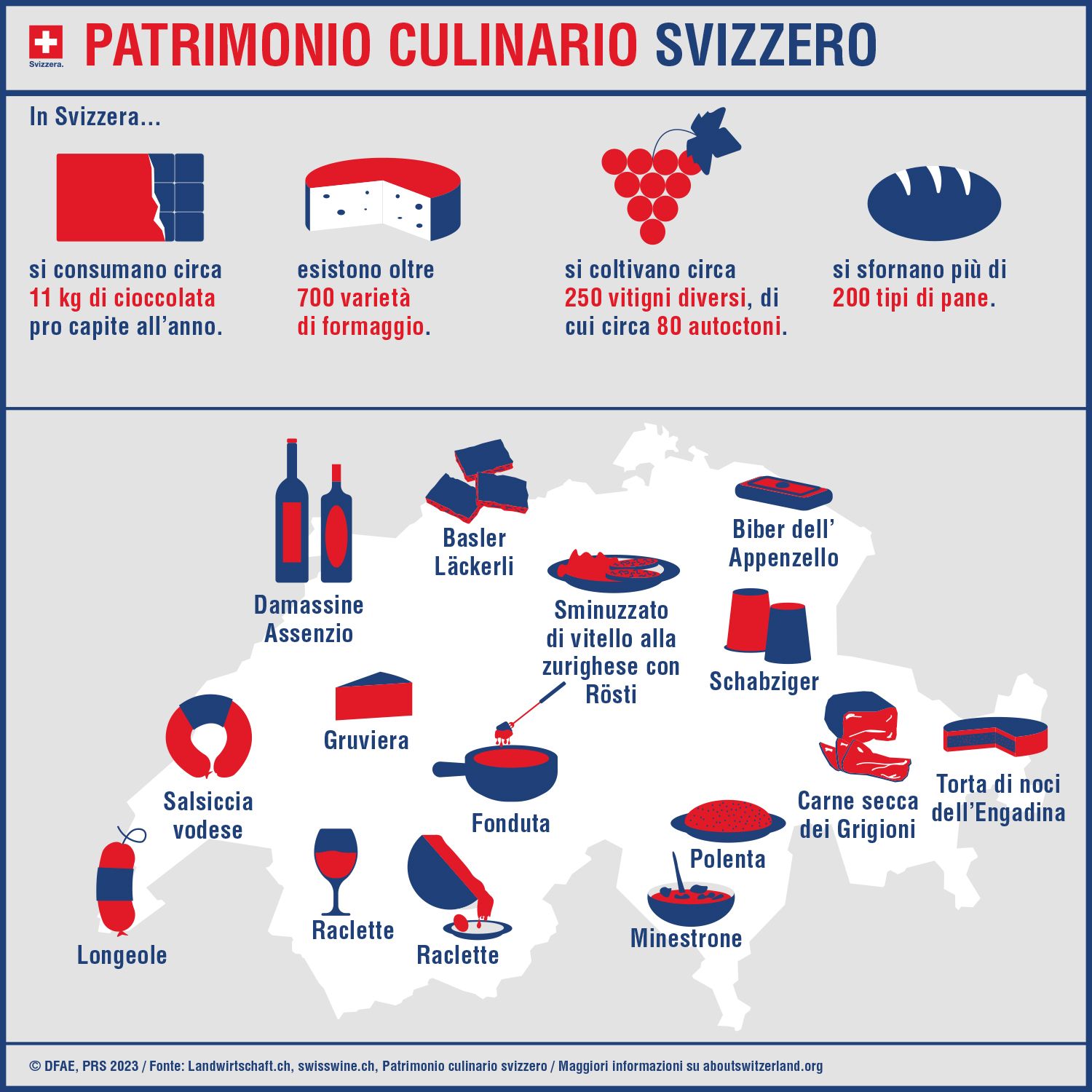 Mappa della Svizzera con l'indicazione delle sue specialità culinarie, come la Damassine, il Minestrone o lo Schabziger.