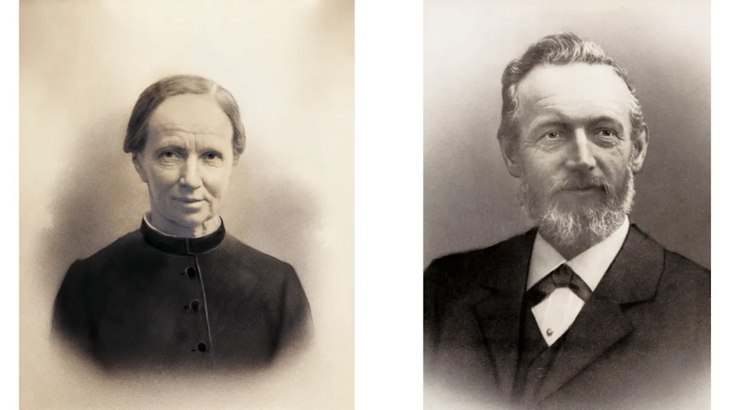 Due ritratti antichi in bianco e nero: a sinistra una donna in abito scuro, a destra un uomo con barba in completo, entrambi raffigurati a mezzo busto.