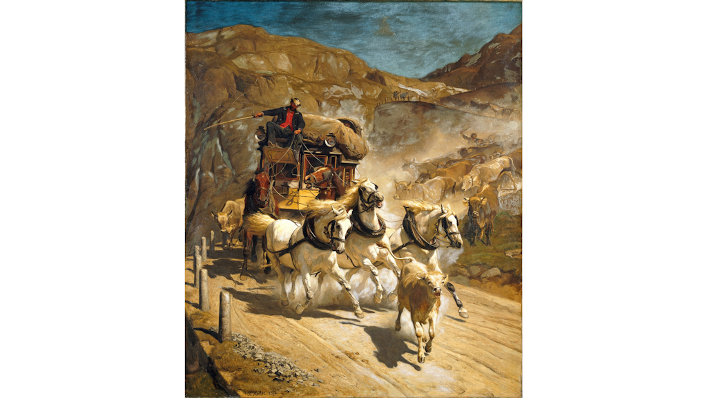 Dipinto di una diligenza postale trainata da cinque cavalli su una strada di montagna, guidata dal cocchiere e seguita da bovini, con montagne sullo sfondo.