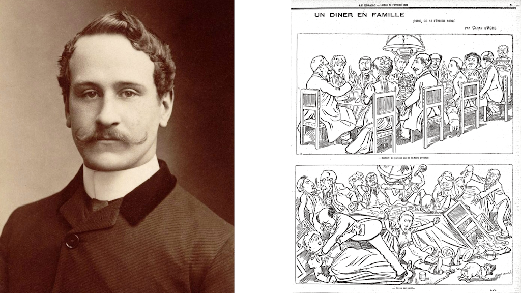 Ritratto seppia di Emmanuel Poiré alias Caran d’Ache a sinistra; a destra caricatura in due vignette «Un dîner en famille»: cena tranquilla sopra, caos familiare sotto.