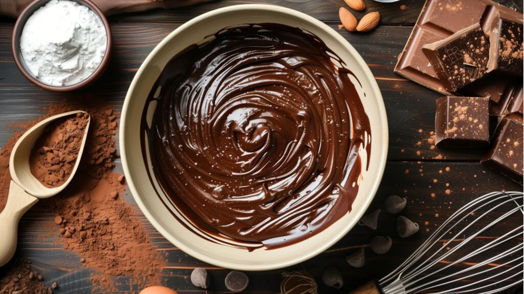 Vista aérea de uma tigela com chocolate derretido cercada por cacau em pó, tigela de açúcar, amêndoas, pedaços de barra de chocolate e um batedor.