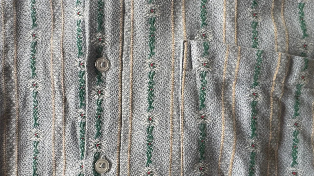 Close-up de um tecido de camisa cinza com padrões verticais bordados, incluindo edelvais estilizados, listras verdes e amarelas e botões visíveis.