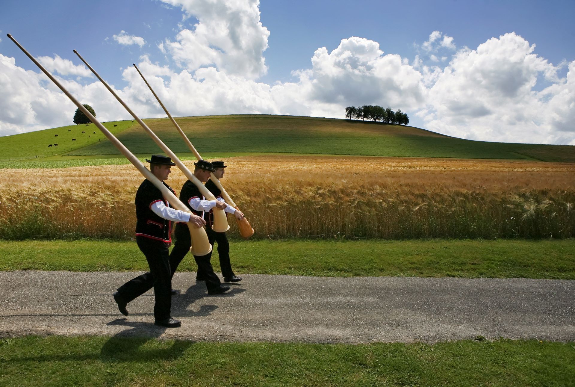 Três homens com trompas alpinas caminham ao longo de uma estrada rural.