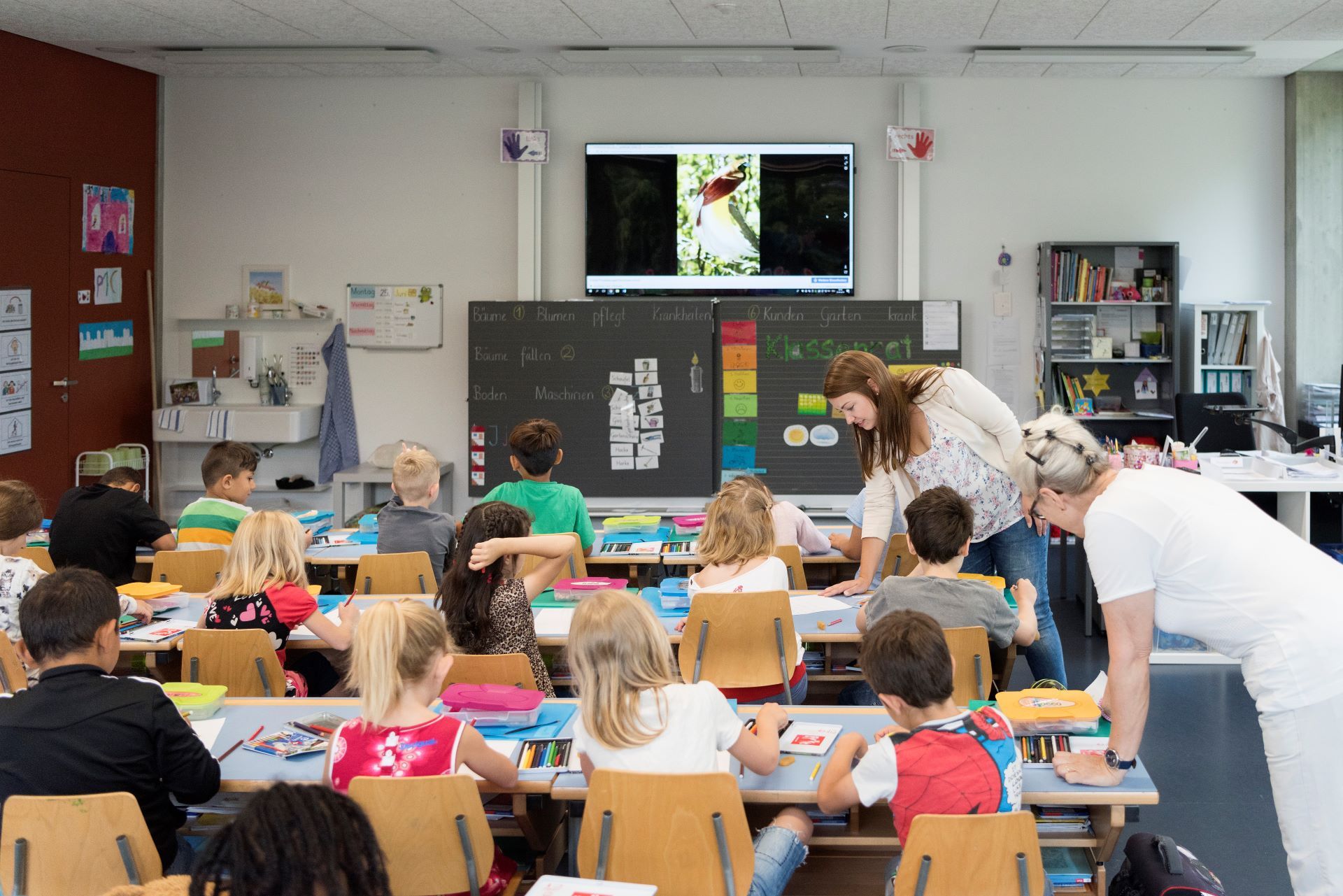 Fotografia de uma turma da escola primária durante uma aula dupla de ciências e de leitura numa escola na Suíça.