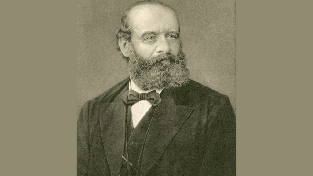 Retrato de meio busto de Alfred Escher (1819–1882) com traje escuro, gravata borboleta e colete, olhando de perfil para a direita sobre fundo sépia uniforme.