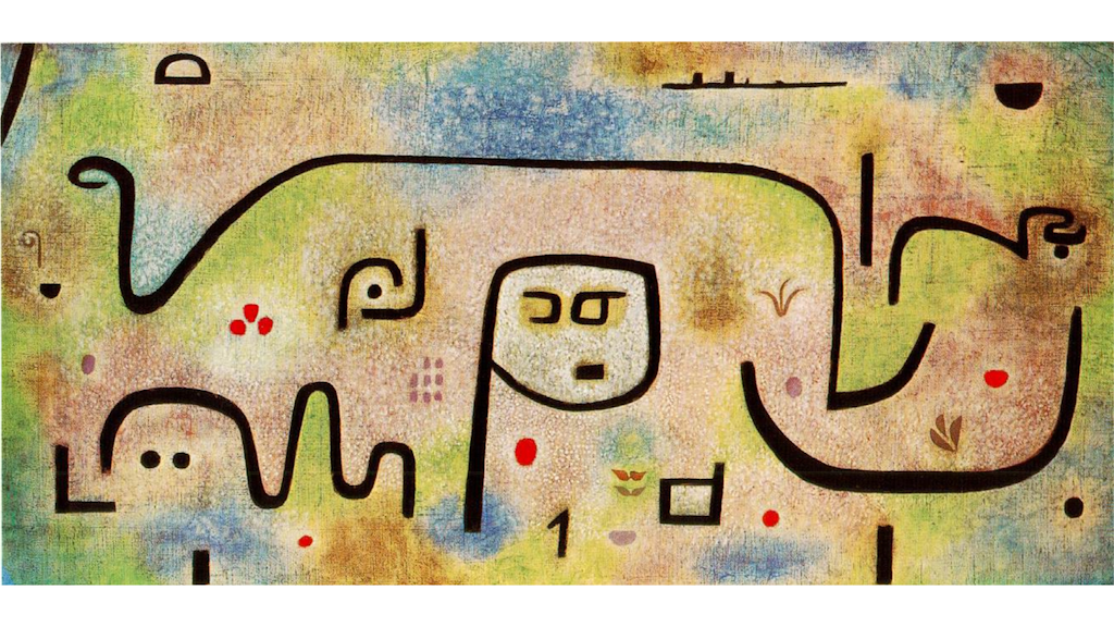 Pintura abstrata com linhas pretas sinuosas, formas geométricas simples e pontos coloridos sobre fundo multicolorido texturizado.