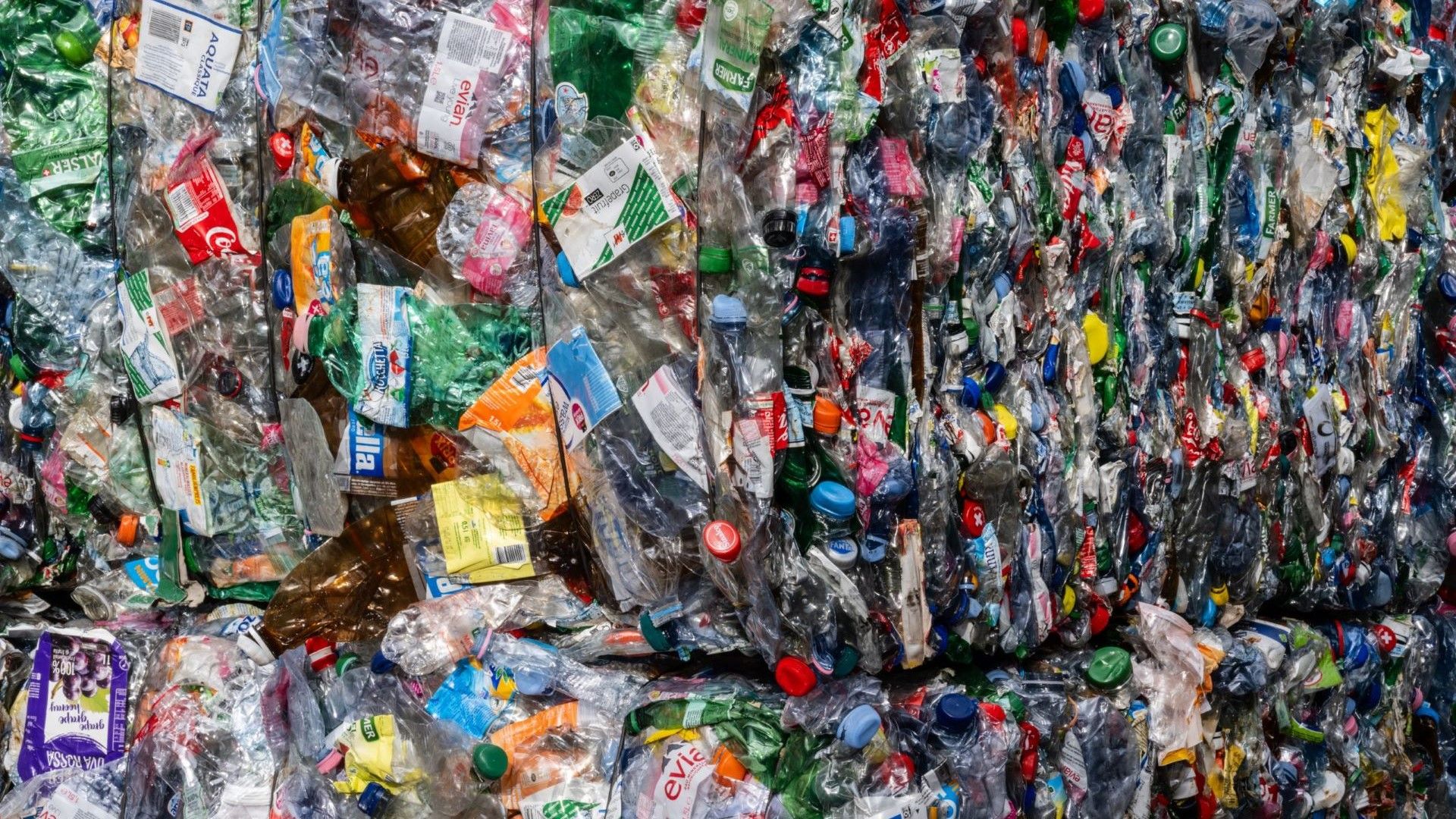 Grande quantidade de garrafas PET de bebidas compactadas.