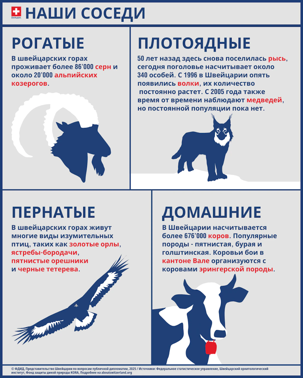 Фауна Швейцарии включает в себя, например, серн и горных козлов, хищников, таких как рысь и волк, птиц, таких как грифы и орлы, а также коров различных пород. 