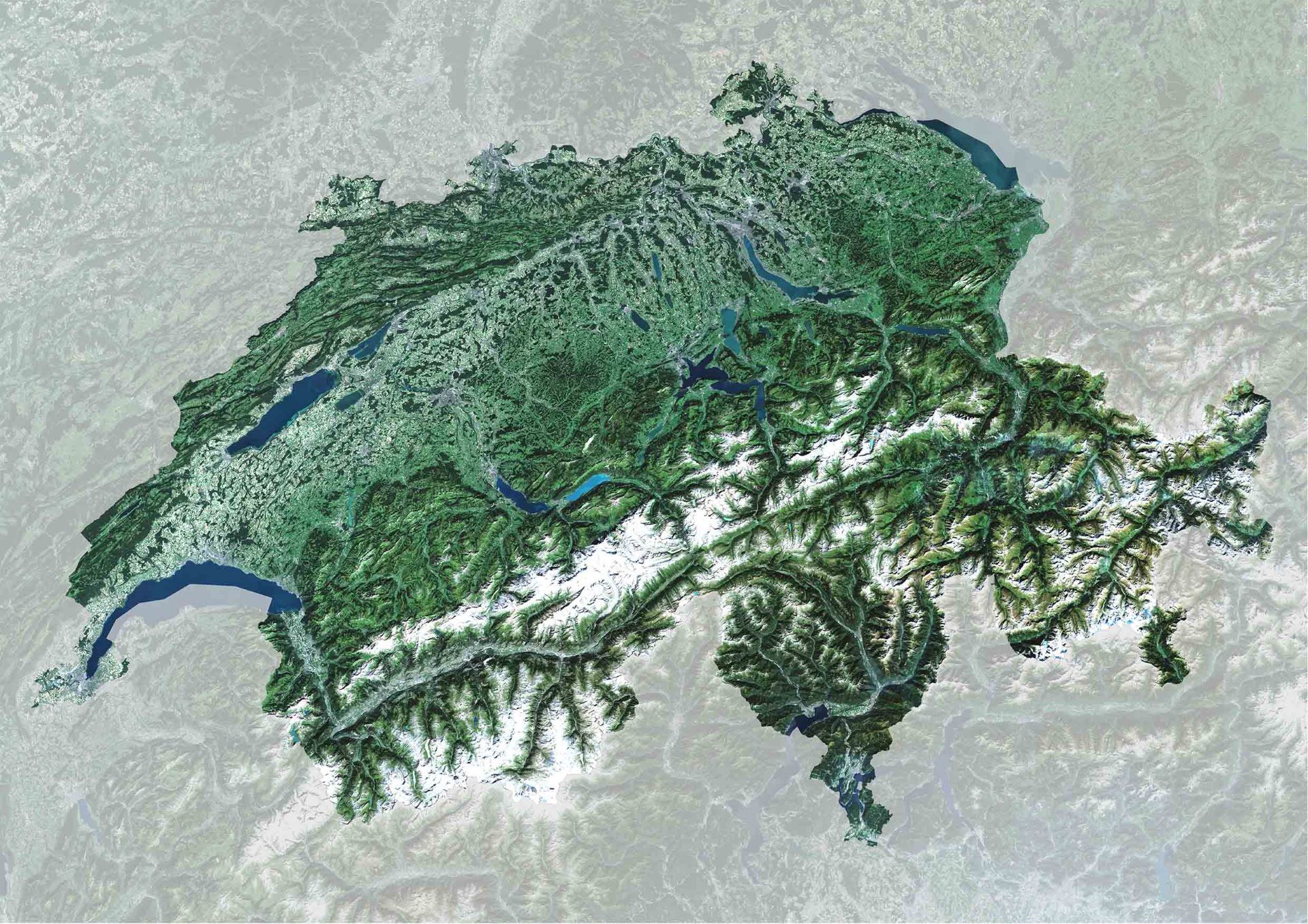 瑞士的地形图。图上可以看到汝拉山区、中部平原地区和阿尔卑斯山区。